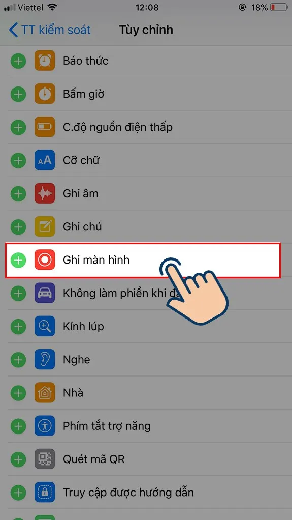 chọn vào Ghi màn hình để thêm tính năng Ghi màn hình vào trung tâm kiểm soát trên iPhone.