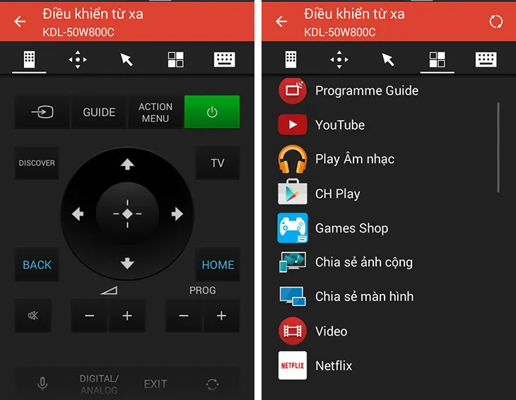 Giao diện Sony Video & TV SideView