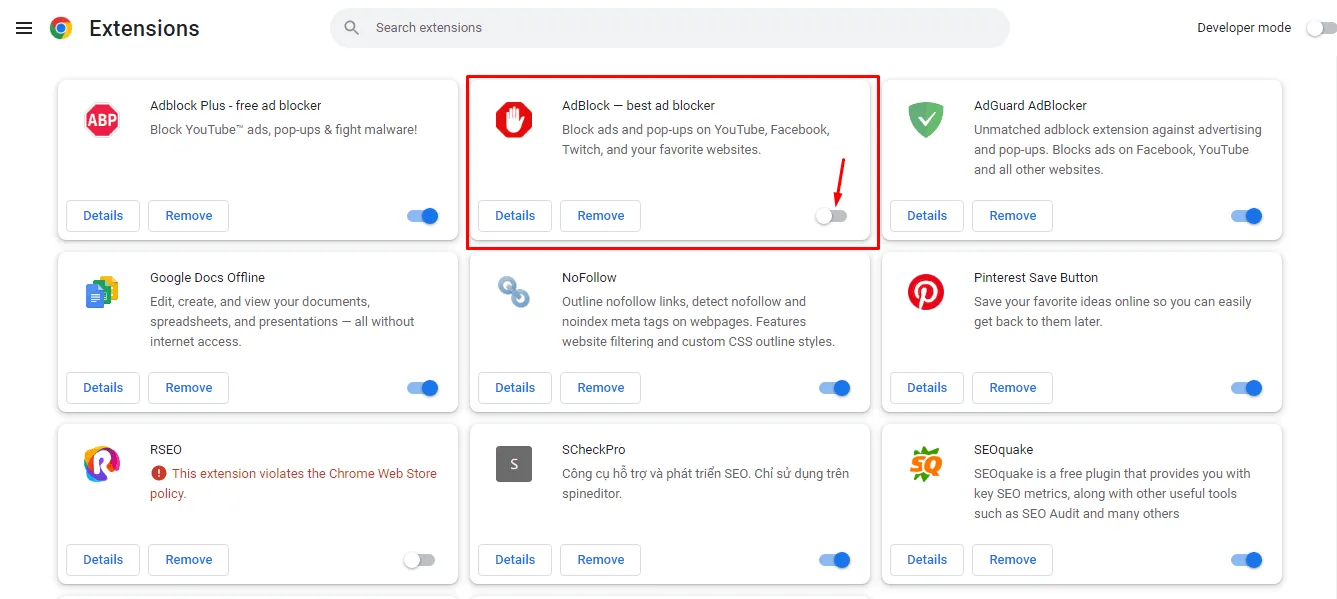 Quản lý tiện ích mở rộng trên trình duyệt Cốc Cốc