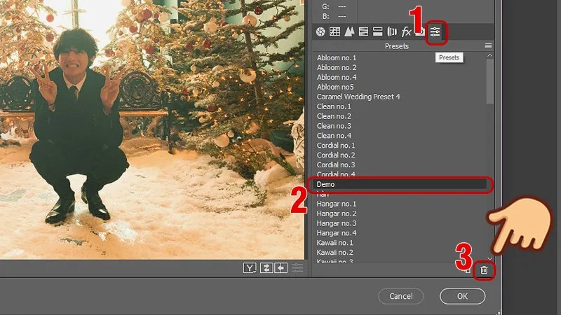 Chọn preset và nhấn biểu tượng thùng rác để xóa