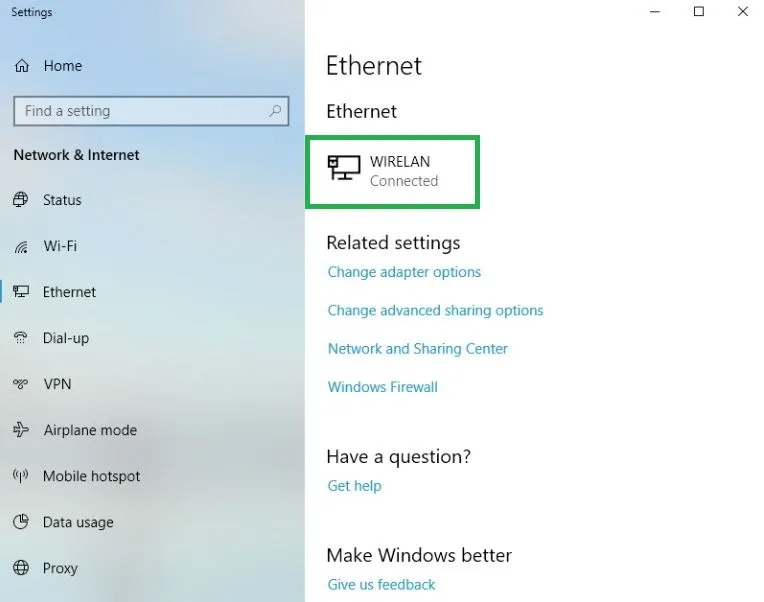Kiểm tra trạng thái kết nối Ethernet trong phần Settings của Windows 10
