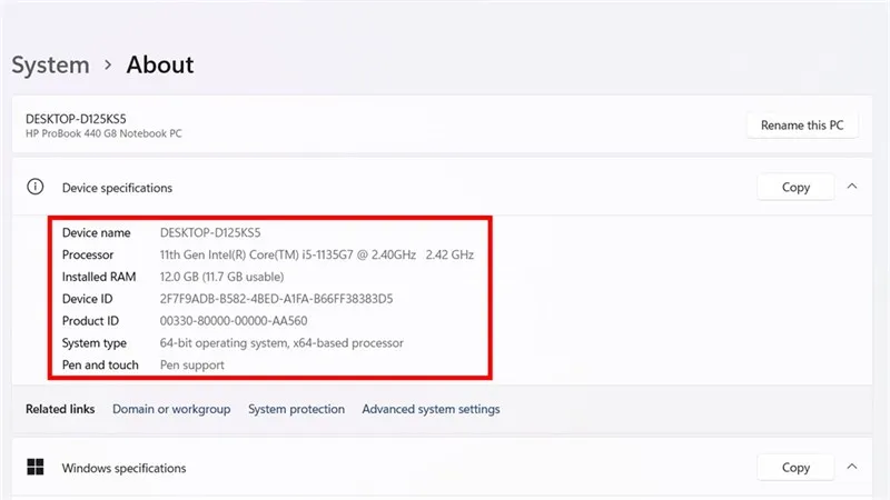 Xem dung lượng RAM trong Device specifications