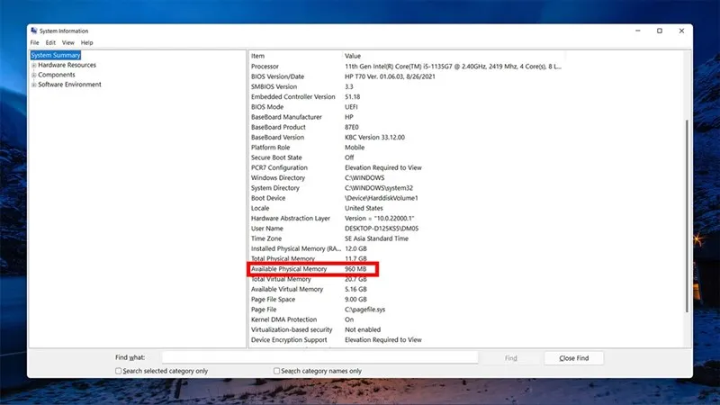Kiểm tra dung lượng RAM khả dụng