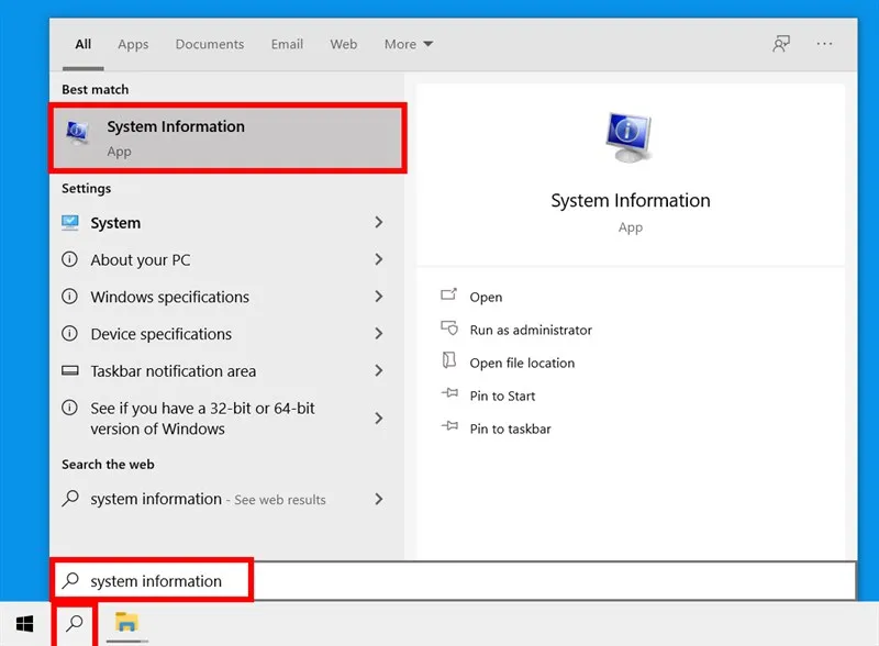 Tìm và mở System Information từ Start Menu