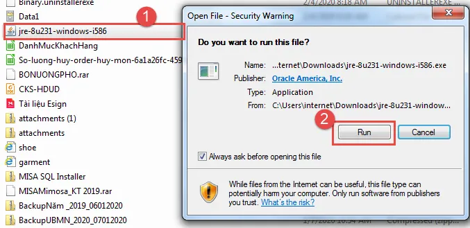Thực thi file cài đặt Java Runtime Environment trên môi trường Windows