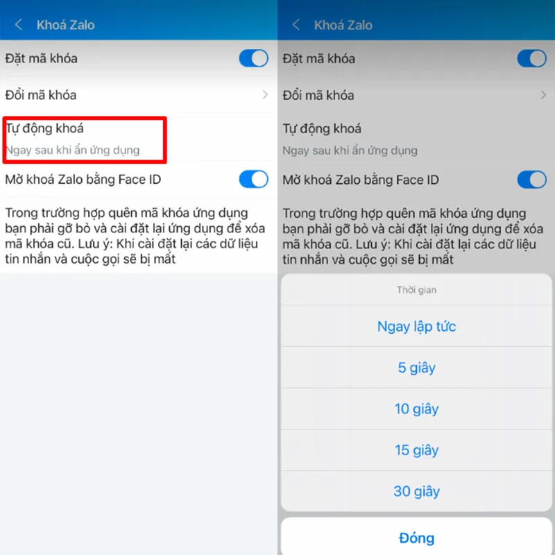 Cài đặt thời gian tự động khóa Zalo