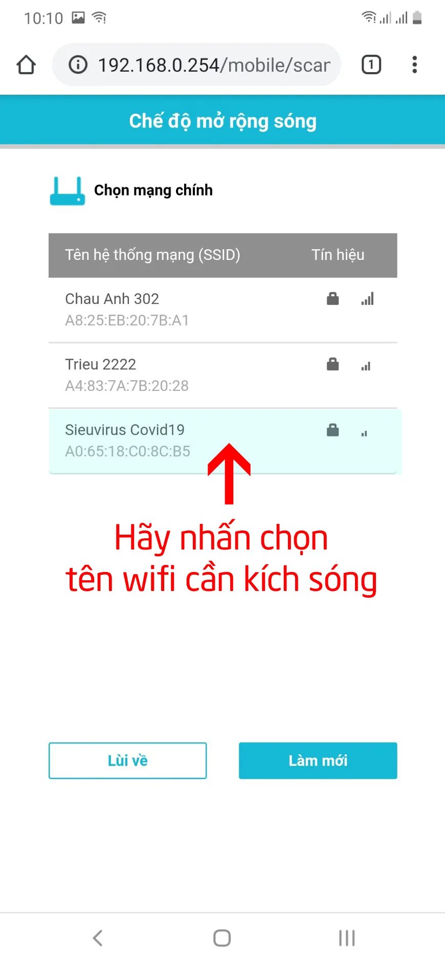 Chọn tên wifi cần khuếch đại