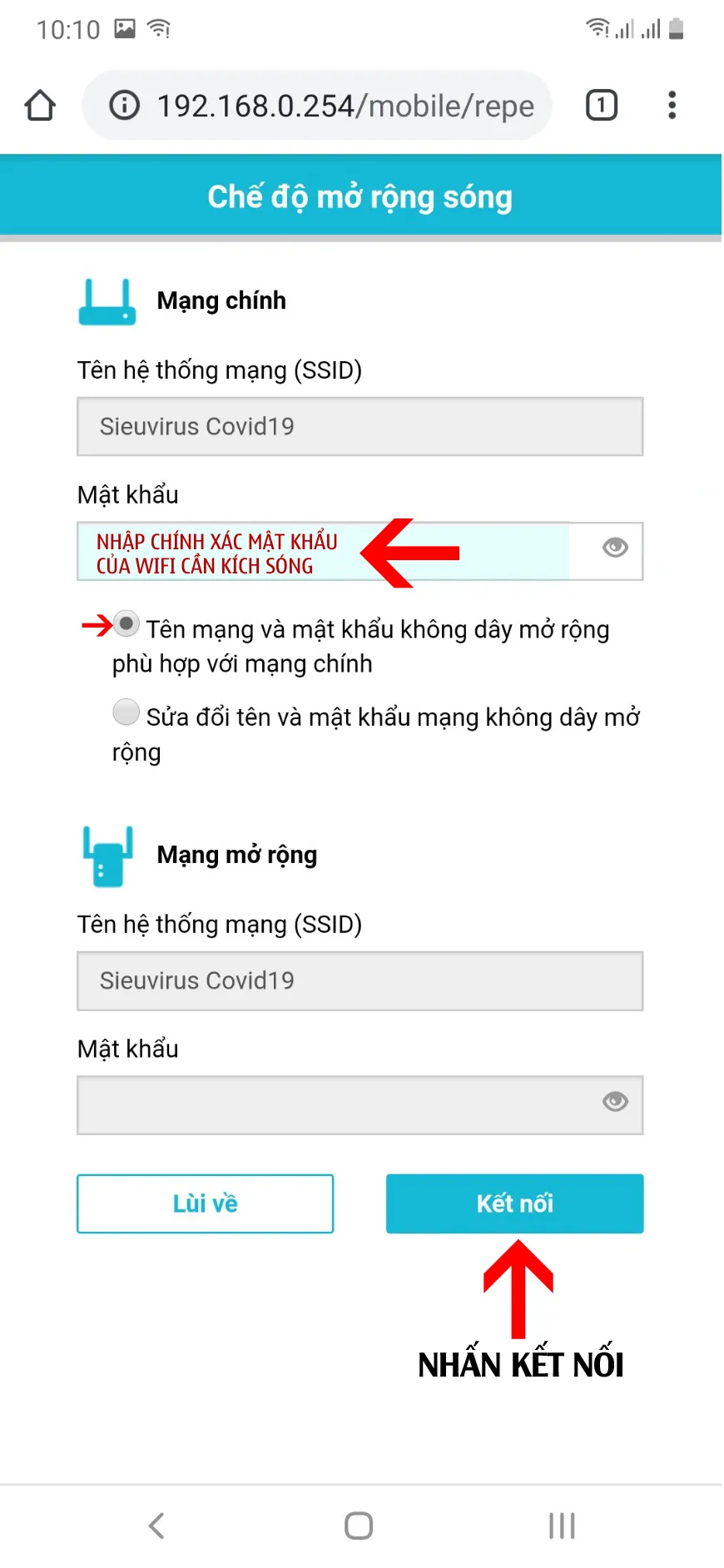 Nhập mật khẩu wifi chính