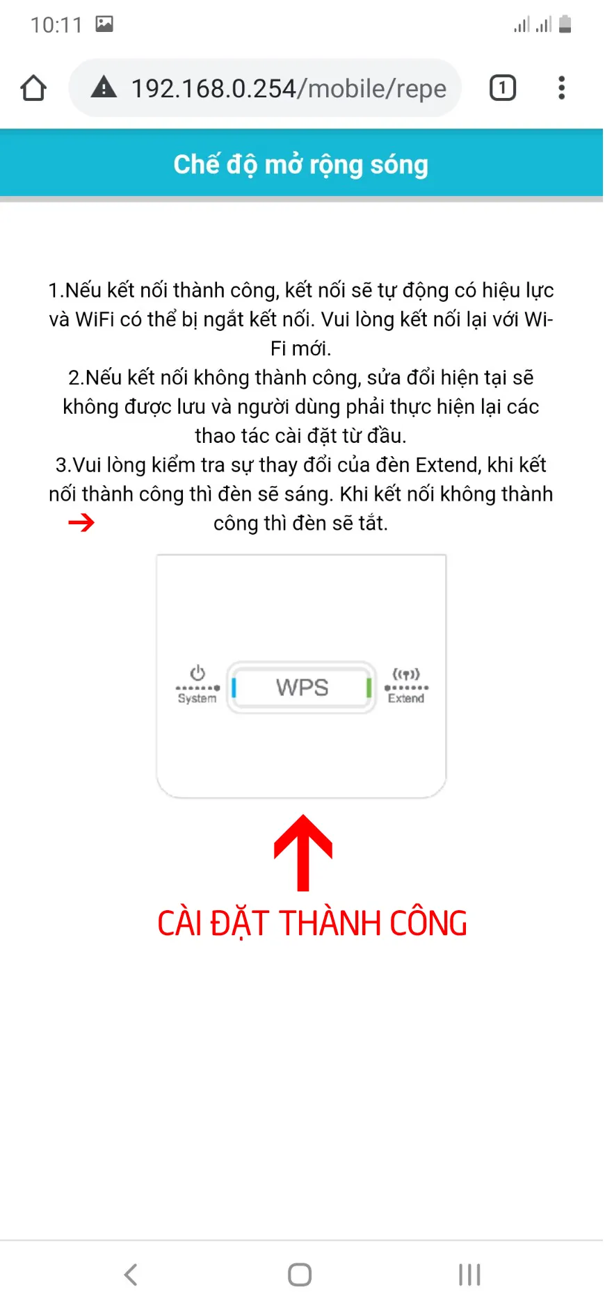 Thông báo cài đặt thành công