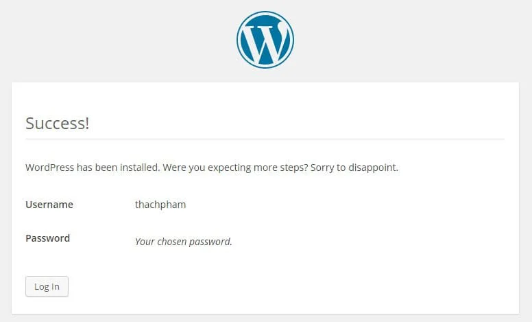 Cài đặt WordPress thành công hiện thông báo Success