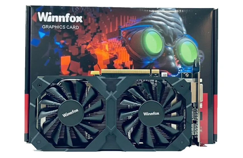Cận cảnh thiết kế tản nhiệt hai quạt của card đồ họa Winfox RX 580 với tấm heatsink dày