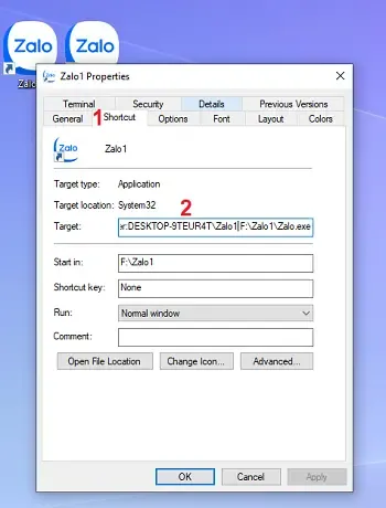 Cấu hình thuộc tính Target để hoàn thiện cách cài 2 zalo trên máy tính