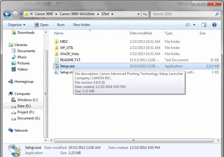 Chạy file Setup.exe cài đặt Canon 3000