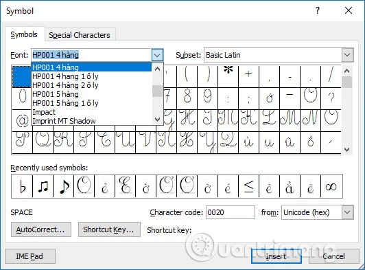 Chèn ký tự ô ly