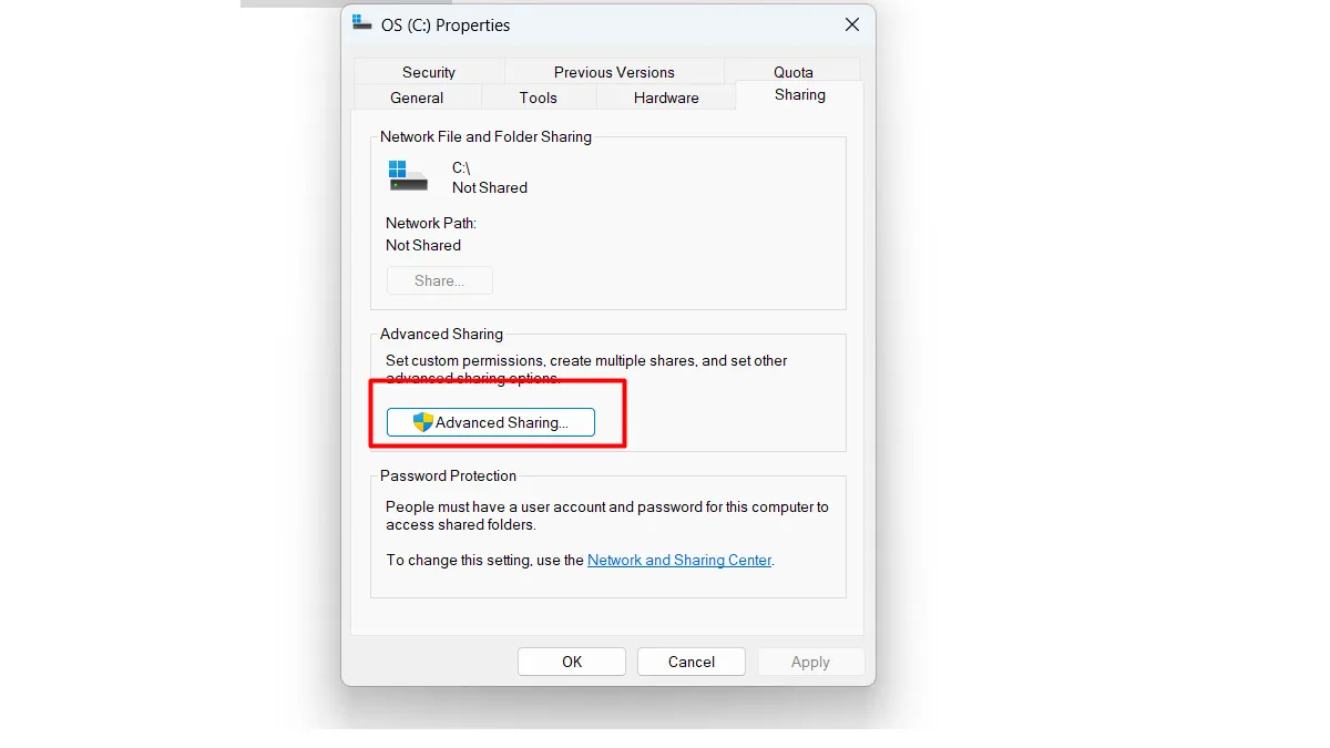 Màn hình cấu hình phân quyền nâng cao trong mục Sharing Properties