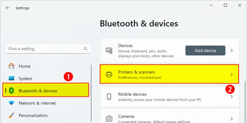 Giao diện cài đặt thiết bị máy in trên Windows 11