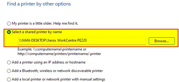 Nhập đường dẫn UNC để kết nối máy in