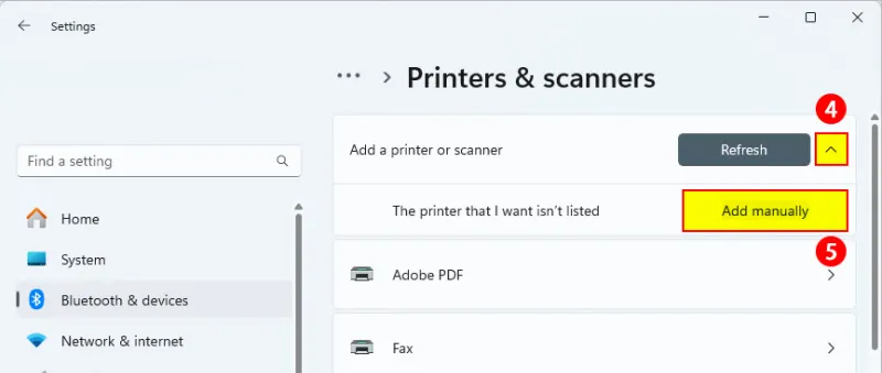 Thêm máy in thủ công bằng địa chỉ IP hoặc tên máy chủ