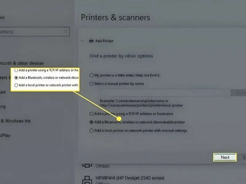 Chọn Add a Bluetooth, wireless or network discoverable printer
