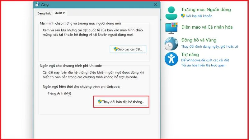 Chọn Administrative rồi Change system locale