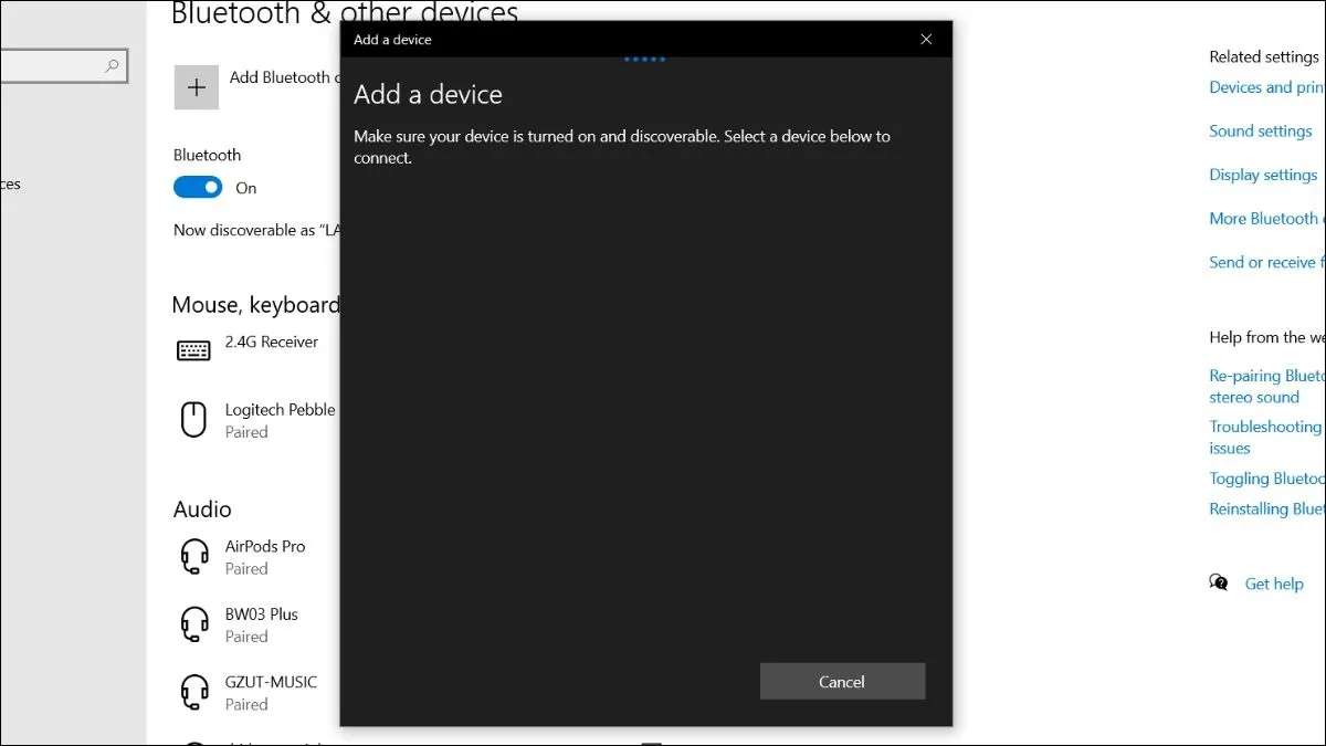 Chọn Bluetooth và chờ Windows quét các thiết bị bluetooth ở gần đó, bao gồm máy in của bạn.