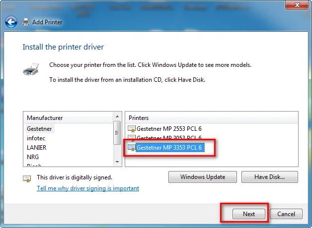 Chọn file driver Ricoh đã tải về