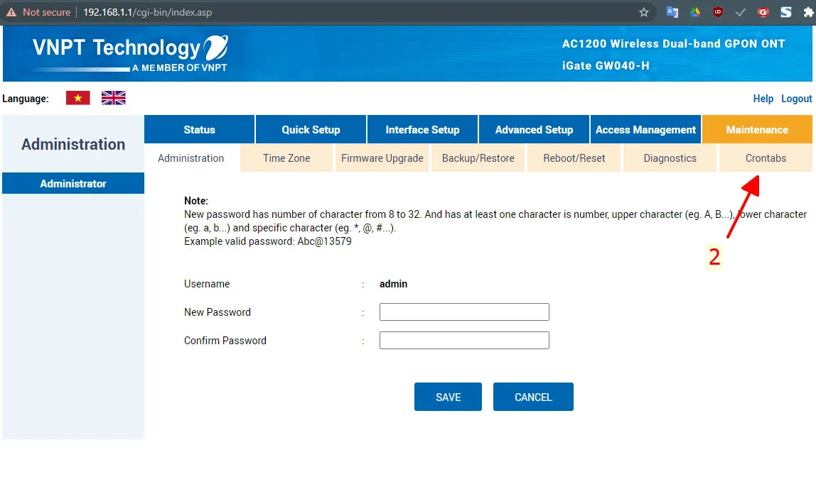 Chọn mục Crontabs để cài đặt lịch khởi động lại modem tự động