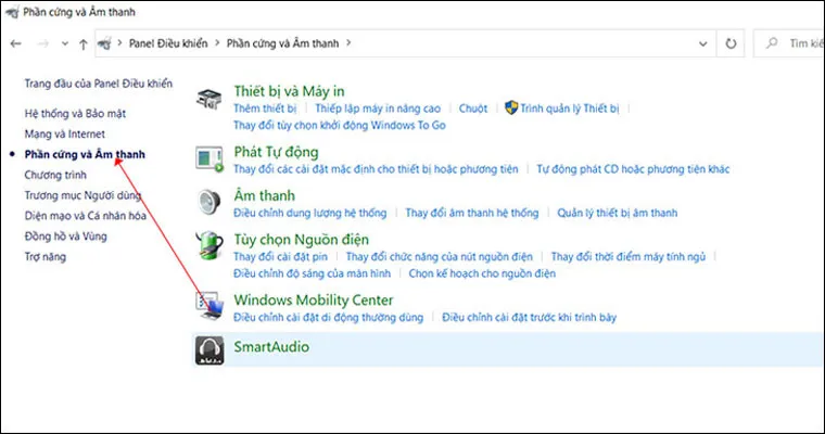 Chọn mục quản lý phần cứng và âm thanh trong cửa sổ giao diện hệ thống