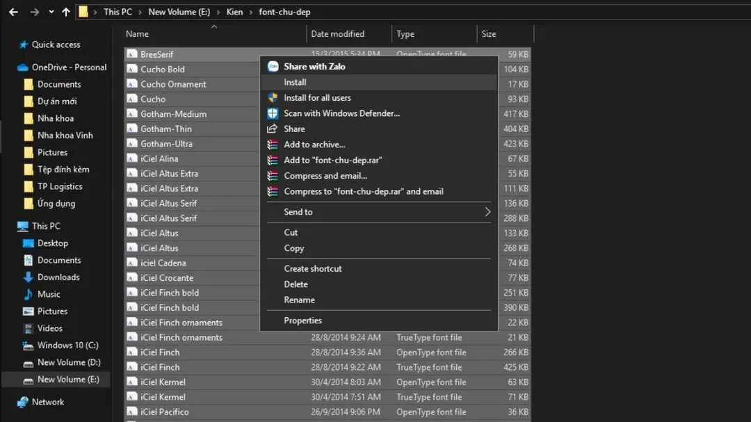 Chọn tất cả font rồi nhấn Install để cài đồng loạt