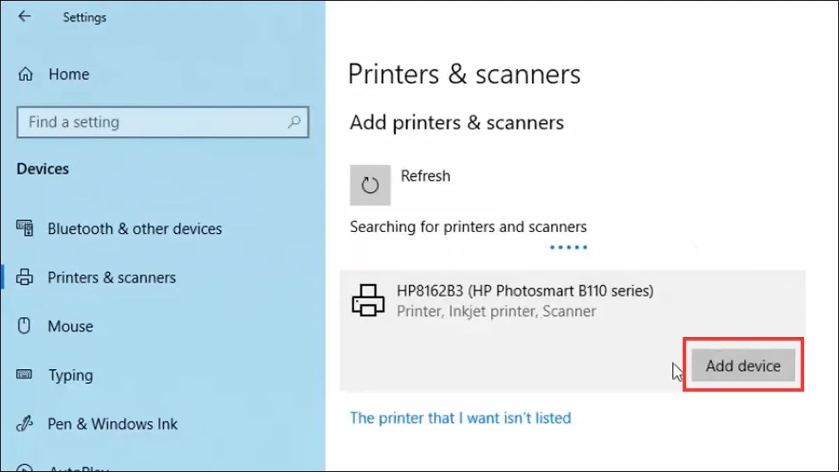 Chọn tên máy in bạn muốn kết nối, rồi nhấn Add device, sau đó nhấn Get app. Hệ thống sẽ tự động tìm kiếm và cài đặt driver WiFi.