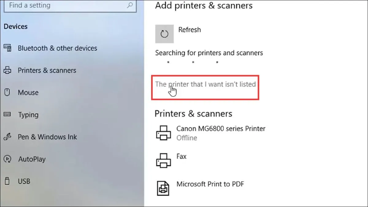 Chọn tên máy in muốn kết nối, sau đó nhấn Add device rồi nhấn Get app. Nếu máy in không xuất hiện, bạn chọn The printer that I want isn't listed.