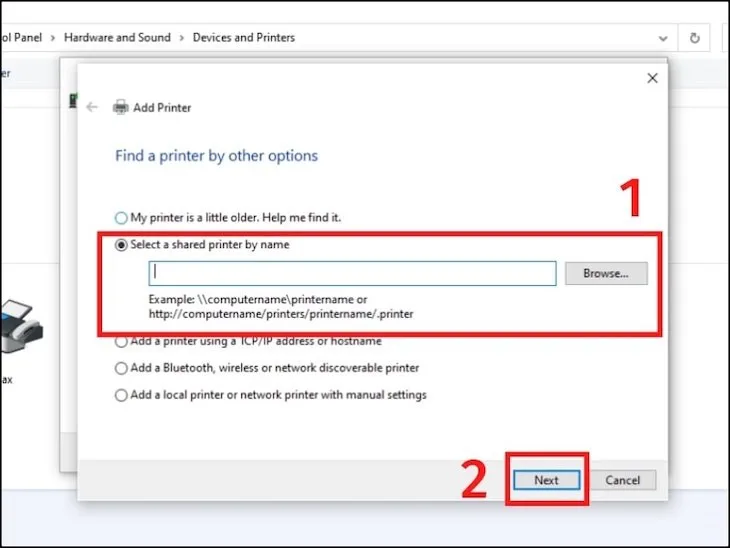 Chọn tên máy tính đã chia sẻ máy in