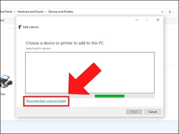 Chọn The printer that I want isn't listed