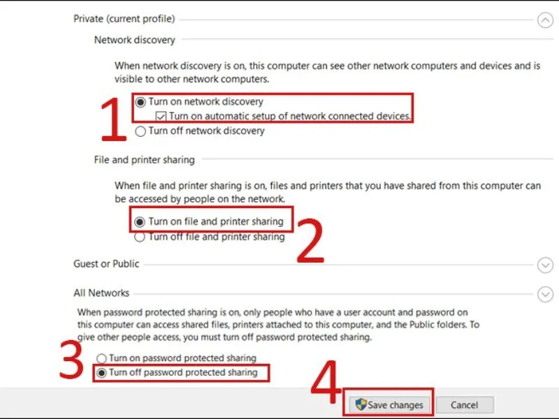 Chọn Turn off password protected sharing