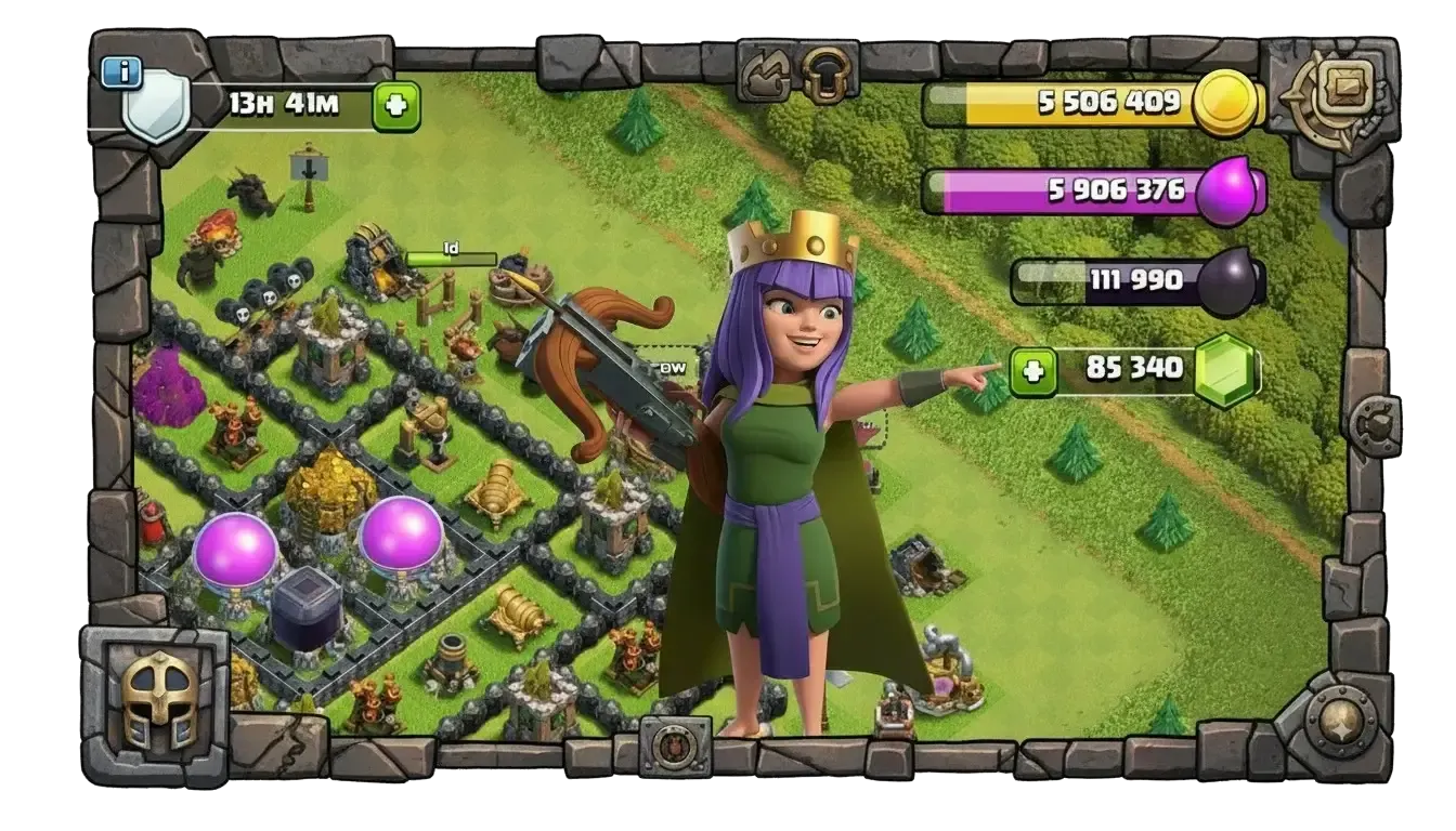 Clash of Clans player base packed with sparkling gems and treasure chests showing abundant free gem collection gameplay