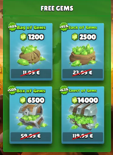 Interface showing different free gem pack options with bags, sacks, boxes and chests containing gems