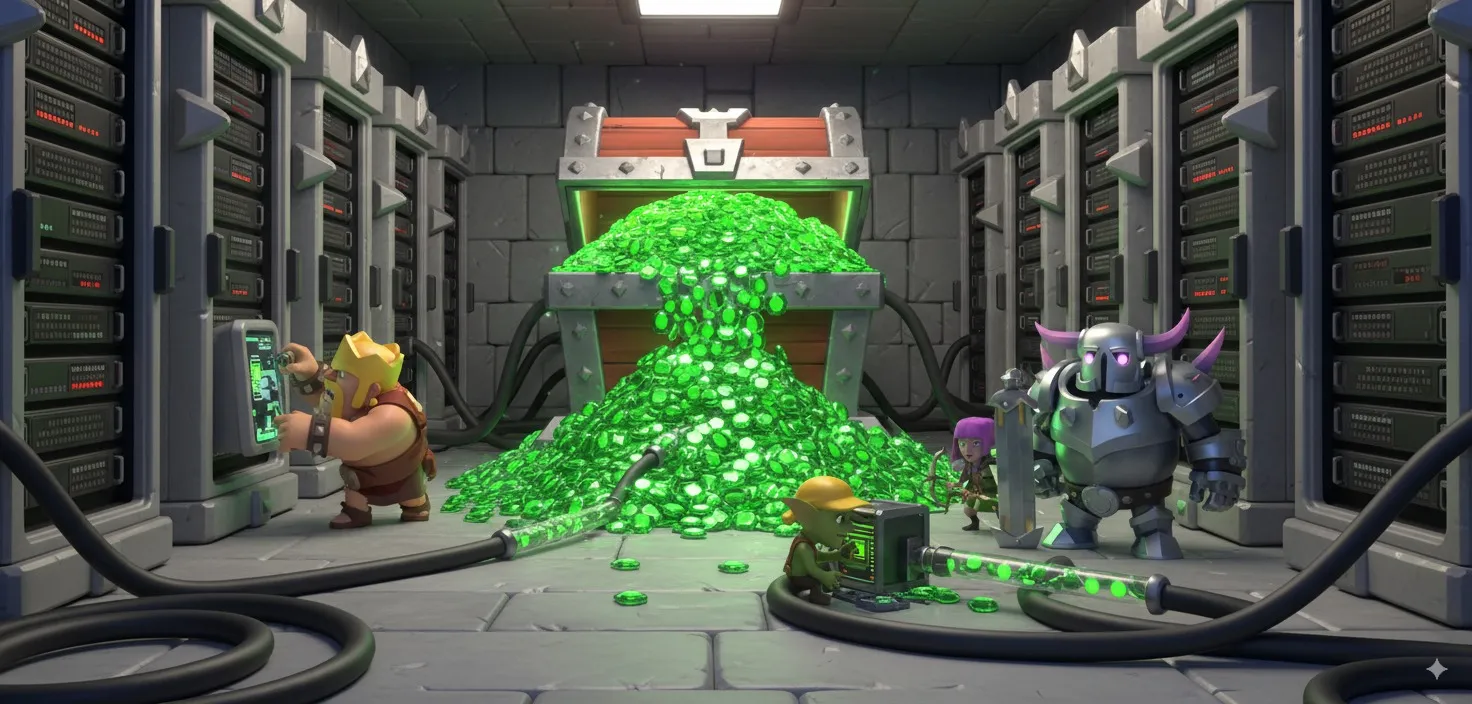 Advanced technology server room with glowing data streams and gem generation algorithms powering secure Clash of Clans hack infrastructure