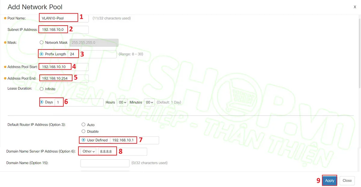 cấu hình các thông số cho DHCP pool