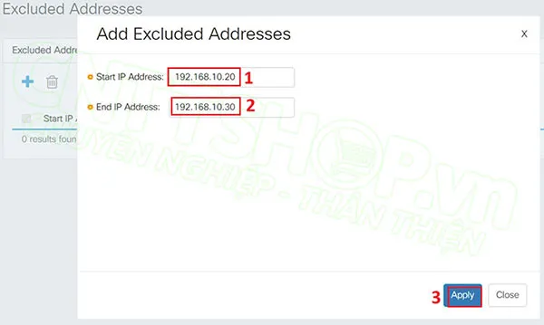 nhập các IP để loại trừ khỏi DHCP Pool