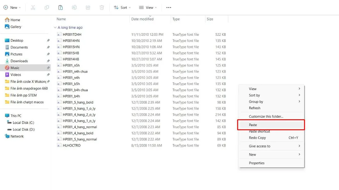 Copy font vào thư mục Fonts