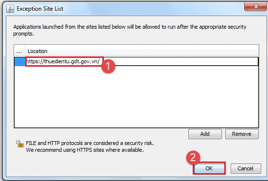 Nhập địa chỉ cổng thuế điện tử vào danh sách ngoại lệ bảo mật