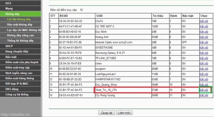 Danh sách các mạng wifi quét được để tiến hành kết nối bắc cầu