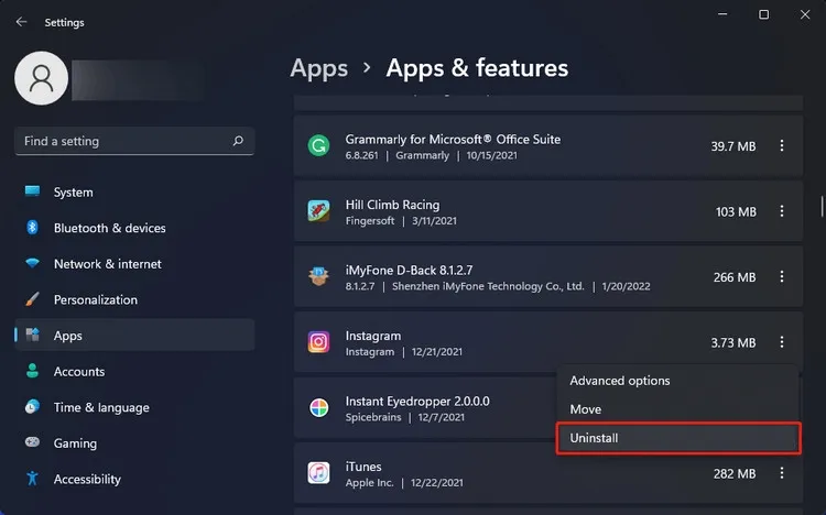 Danh sách các phần mềm hiện có và tùy chọn gỡ bỏ ứng dụng