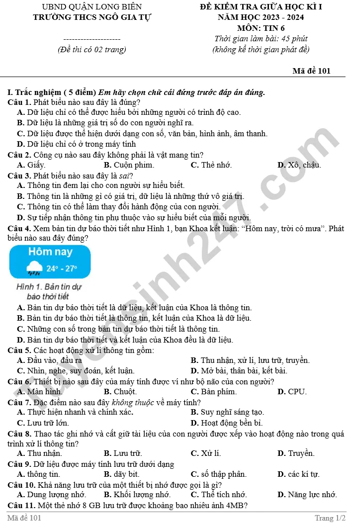 Đề thi giữa học kì 1 môn Tin học lớp 6 trường THCS Ngô Gia Tự năm 2024 trang 1
