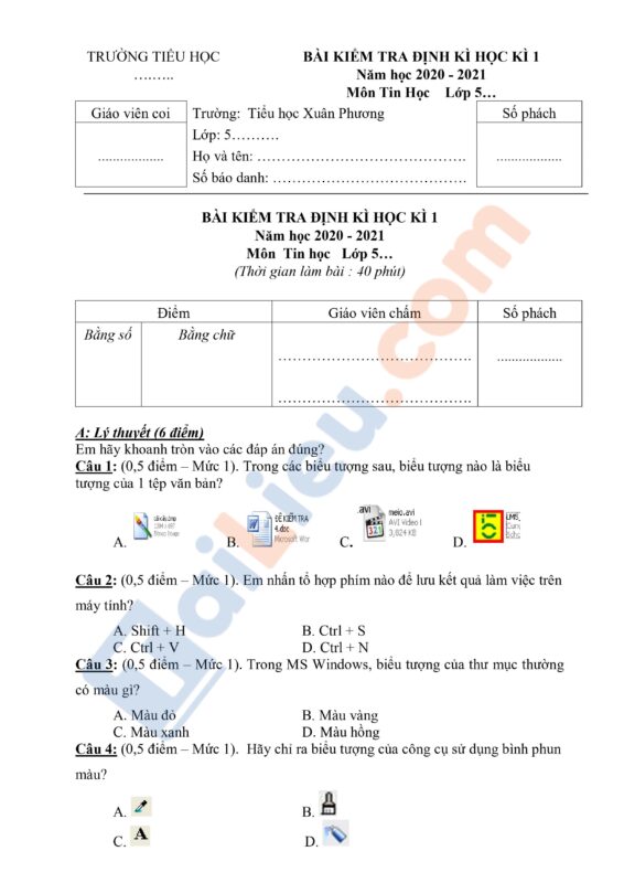 đề thi tin học lớp 5 cuối kì 1: Tài Liệu Ôn Tập Toàn Diện