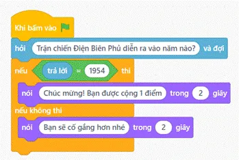Đoạn mã lập trình Scratch cho một chương trình hỏi đáp về kiến thức lịch sử Việt Nam