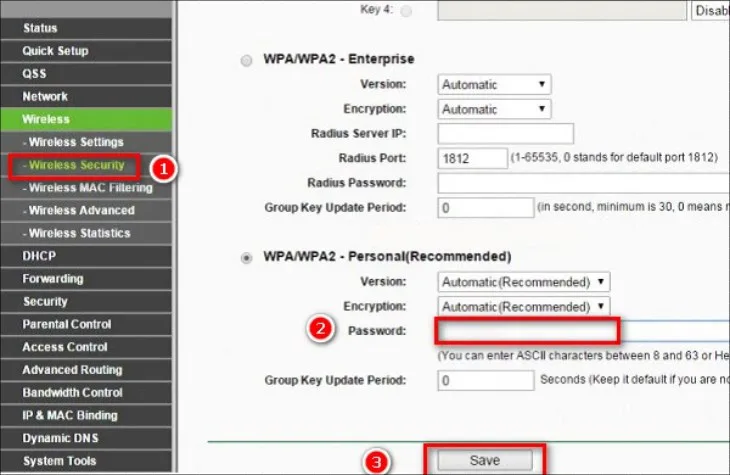 Đổi mật khẩu wifi trong Wireless Security