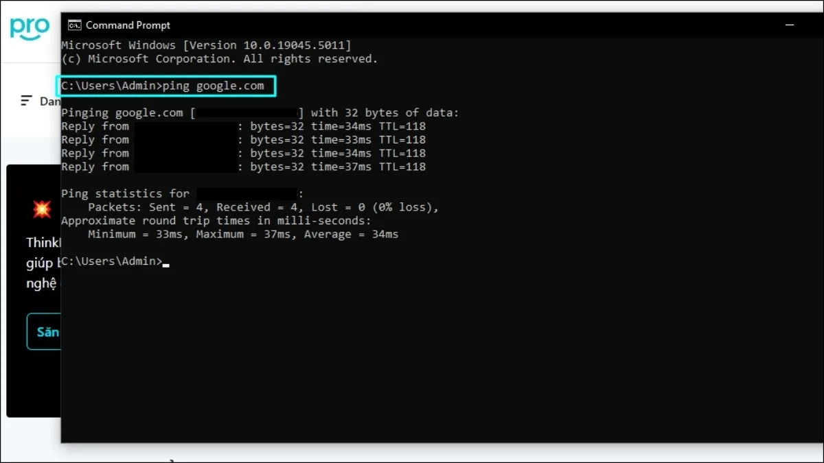 Sử dụng lệnh ping trong Command Prompt