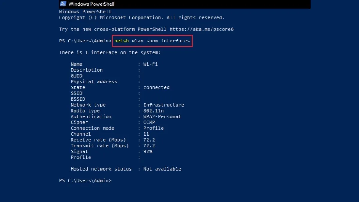Thông tin chi tiết về kết nối WiFi qua PowerShell