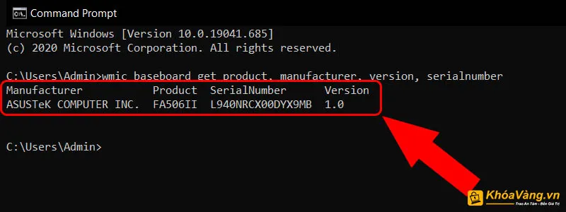 Command Prompt hiển thị thông tin mainboard nhanh chóng
